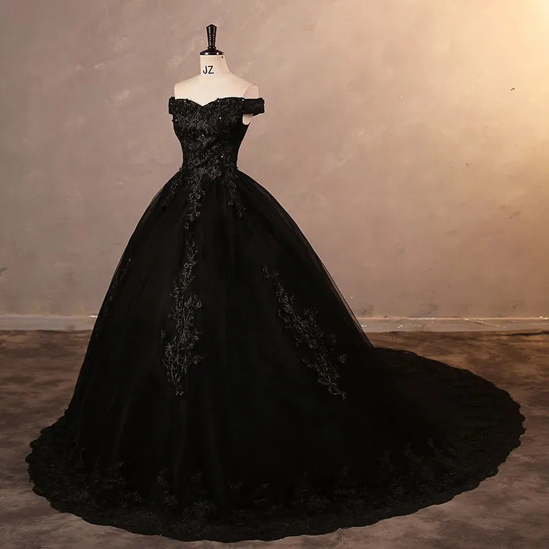 Black Off-shoulder Lace Gown With Train Prom Dresses Long 2025 For Women