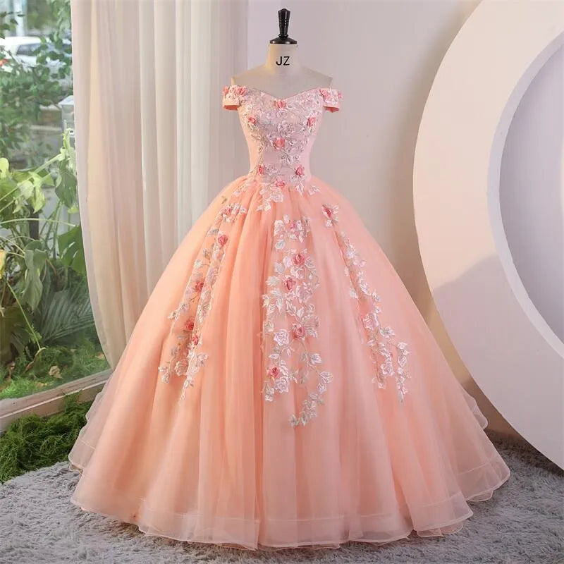 Floral Embroidered Off-shoulder Peach Ball Gown Prom Dresses Long 2025 For Women