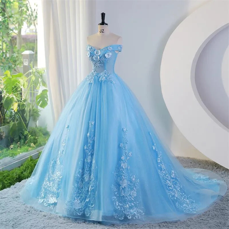 Ocean Blue Off-shoulder Floral Ball Gown Prom Dresses Long 2025 For Women
