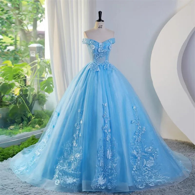 ocean blue dress for wedding Clarisse Prom 810508 The fitted bodice Ocean Blue Off-shoulder Floral Ball