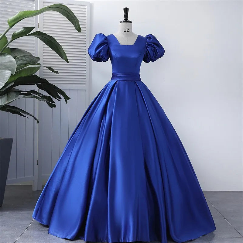 Royal Blue Puff Sleeve Evening Gown Dress