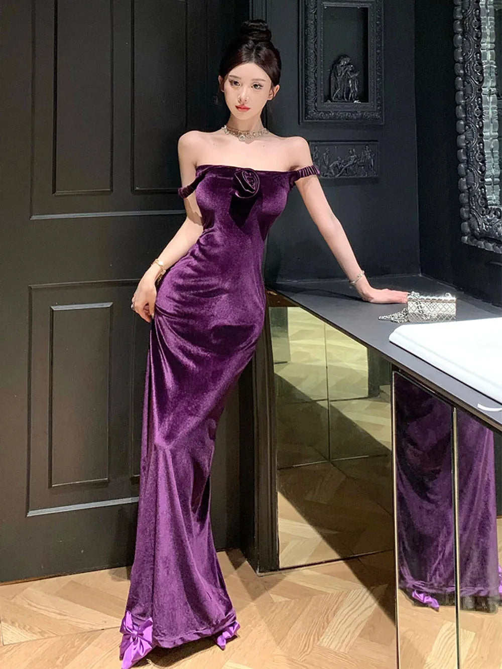 open lace back dress Burgundy Velvet Off The Shoulder Prom Dress, A-Line Party Dress US 12 / Burgundy main image 0