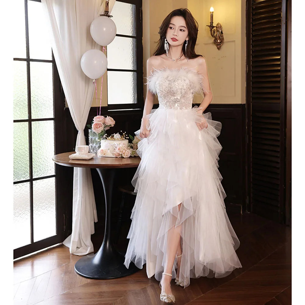 strapless asymmetrical wedding dress Satin glamour wedding dress