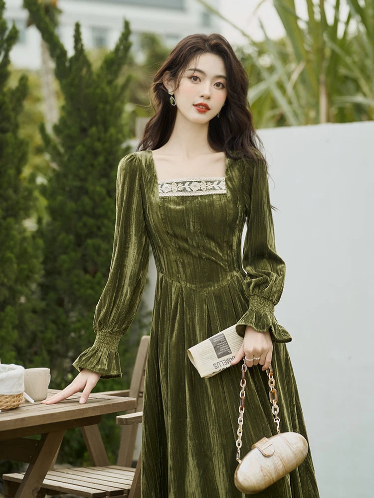slim fit dress slacks Vintage Wedding Guest Formal Evening Dress V Neck Long Sleeve Floor Le –  AEL Studio main image 0
