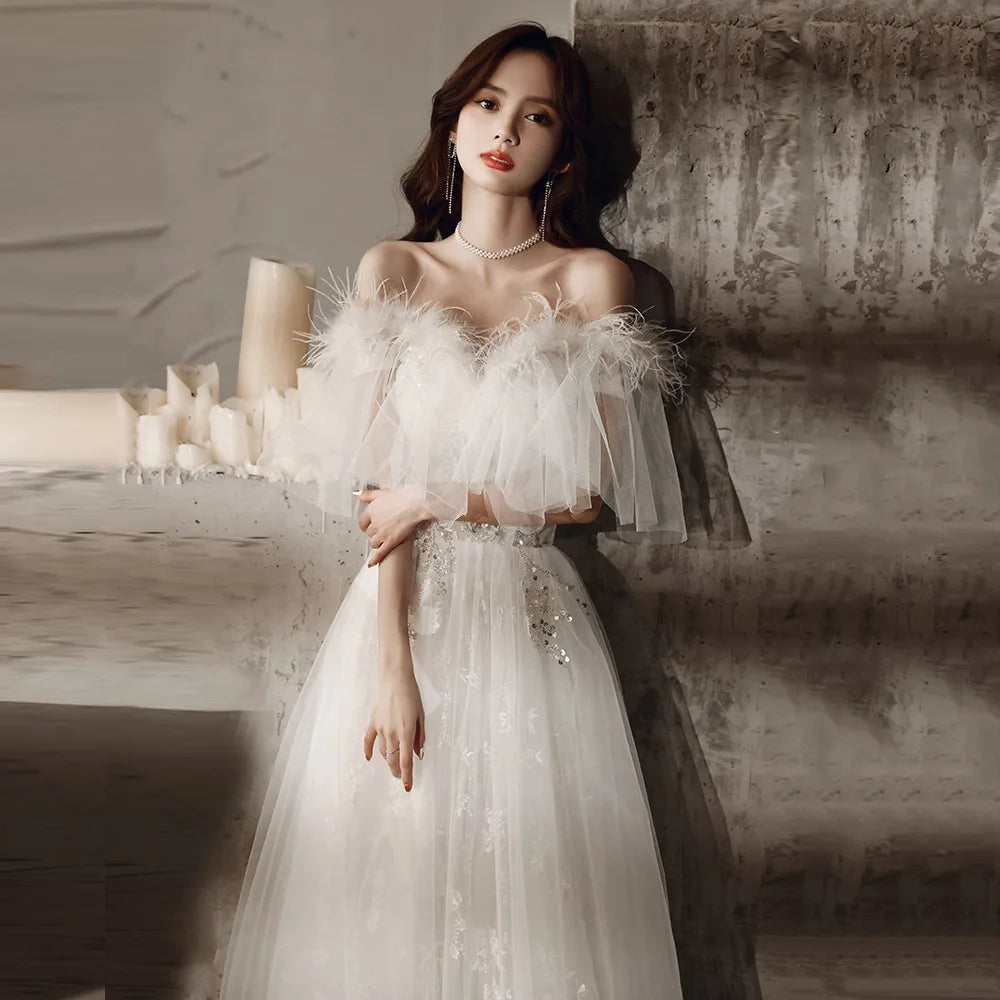 Feather Trim Off-shoulder Lace Bridal Gown