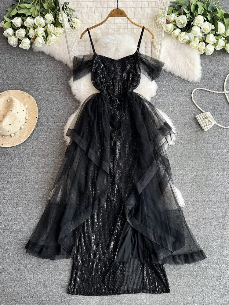 blue dress for baby girl Starry Eyed Sequin Star Mesh Maxi - Black main image 1