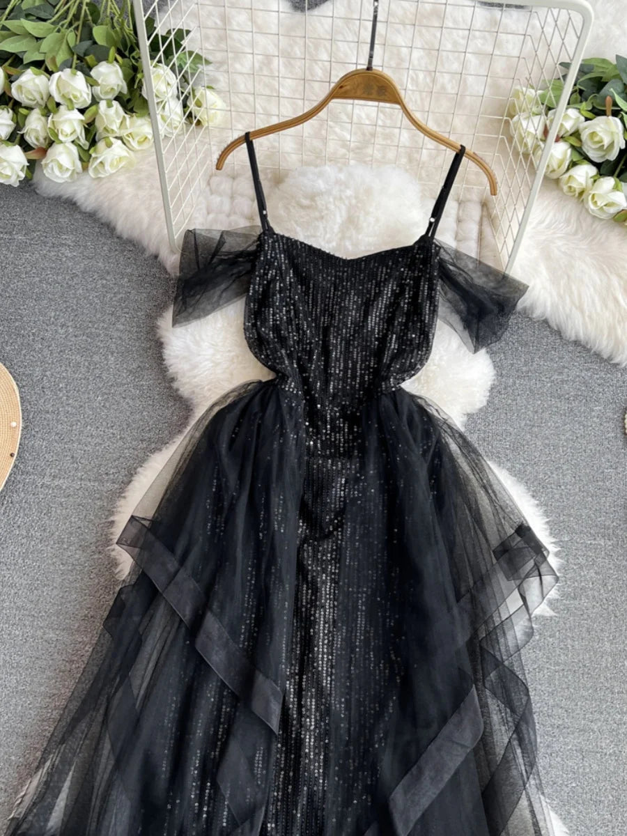Black Sequin Mesh Layered Off-shoulder Evening Dress on Luulla