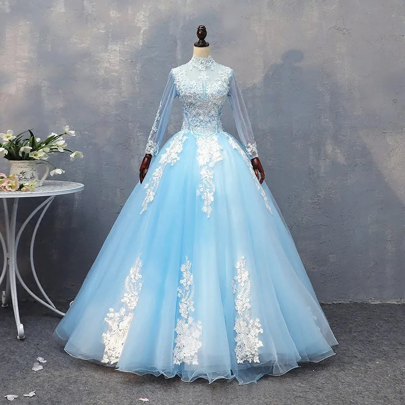 Lace Embellished Long Sleeve Blue Ball Gown 2025 Prom Dresses Long For Women
