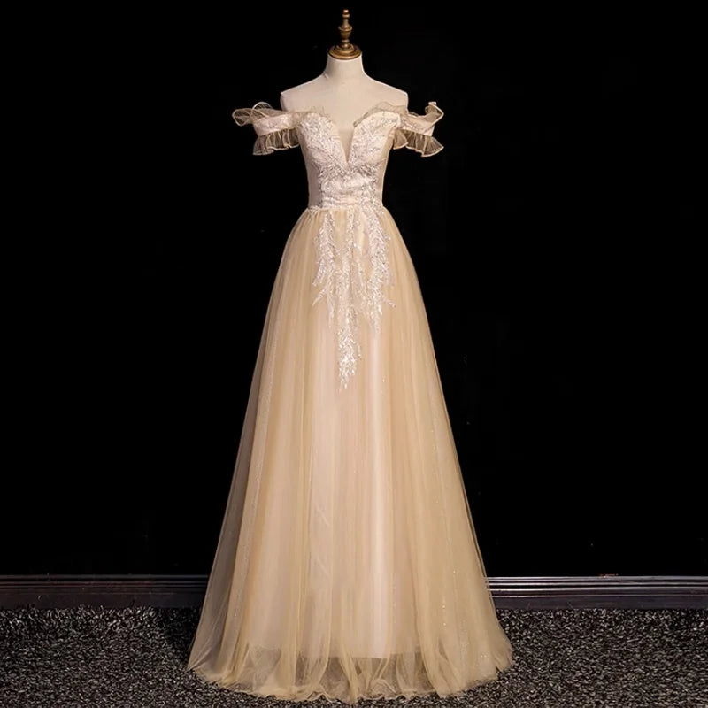 Pink Prom Dresses Long For Women 2025 Off-the-shoulder Beige Lace Tulle  Evening Gown on Luulla