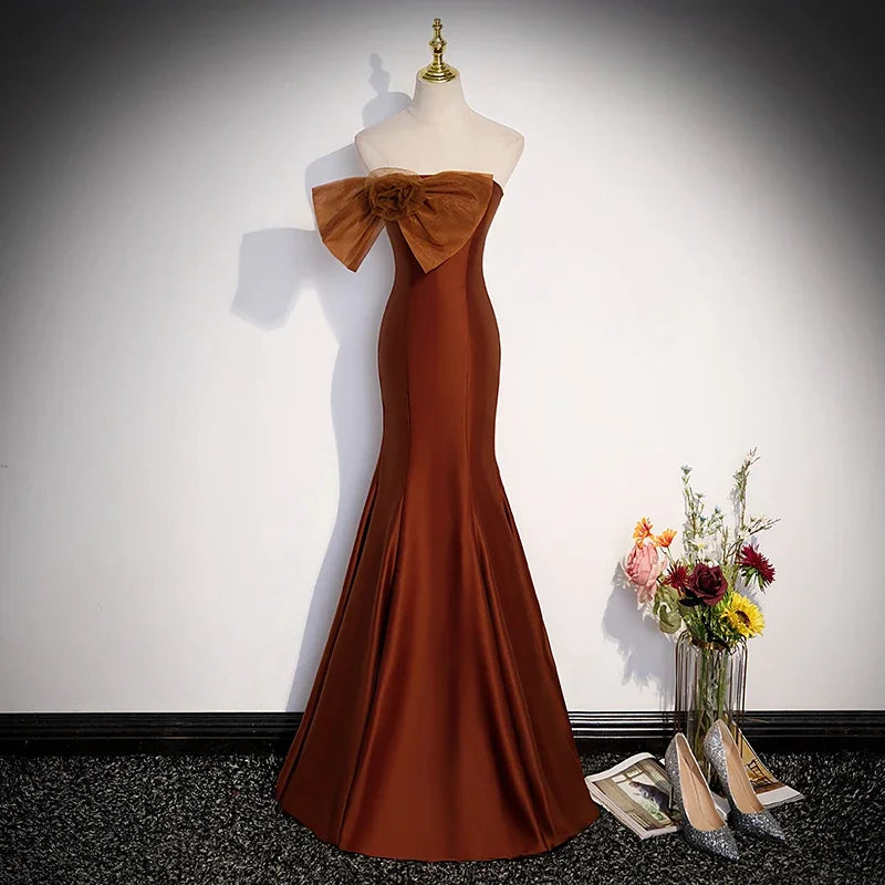Brown Prom Dresses Long For Women 2025 Strapless Satin Dress With Oversized  Bow Accent on Luulla