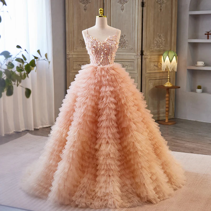 chinese dress ladies Glamorous Long Peach Strapless Sweetheart Satin Chiffon Sleeveless Prom Evening Dresses with Beads main image 1