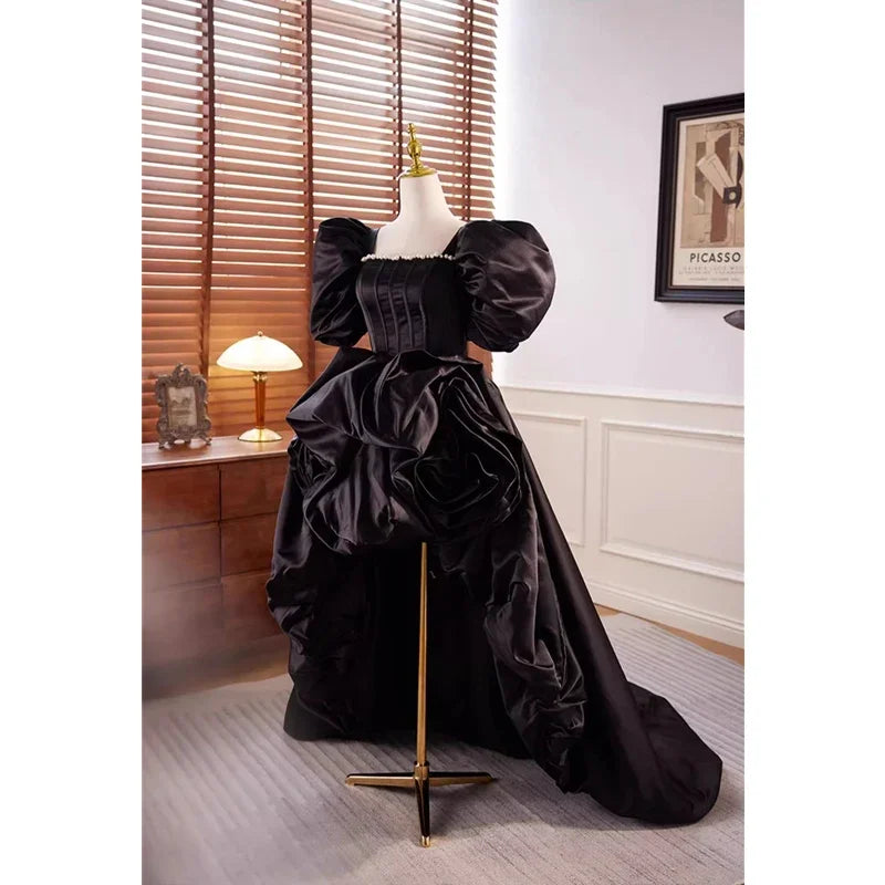 Black Satin Gown With Dramatic Puff Sleeves 2025 Prom Dresses Long For Women
