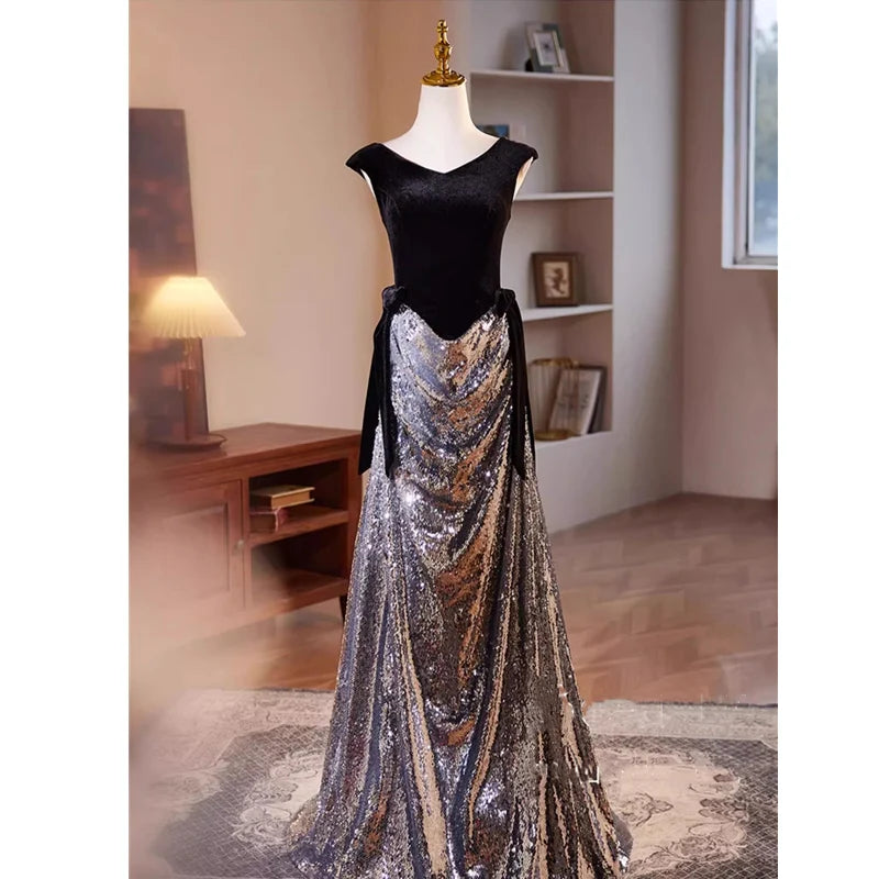 Black Velvet Top Silver Sequin Gown 2025 Prom Dresses Long for Women