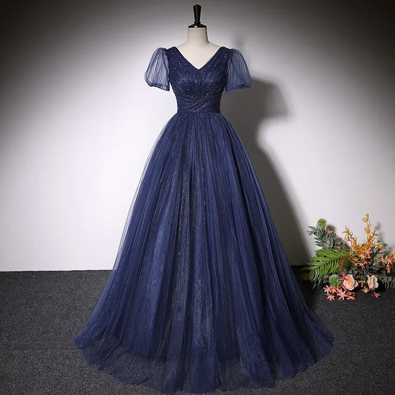 Navy Blue V-neck Mesh A-line Evening Gown 2025 Prom Dresses Long For Women  on Luulla