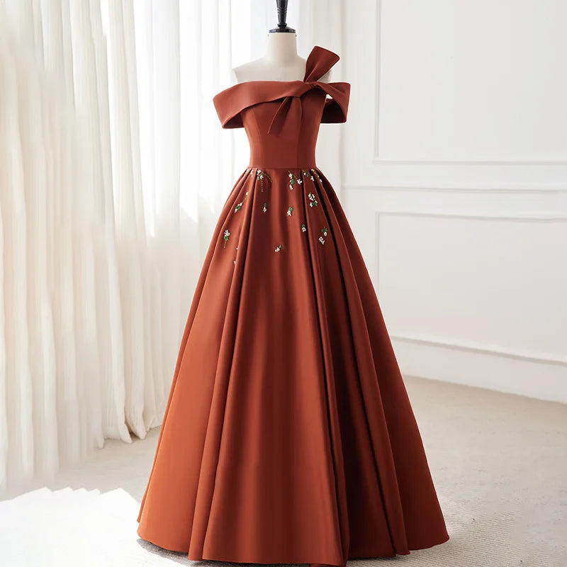 brown floral prom dress Tulle A-line One Shoulder 3D Flowers Prom Dresses With Slit, Evening Dress,  MP637 main image 1