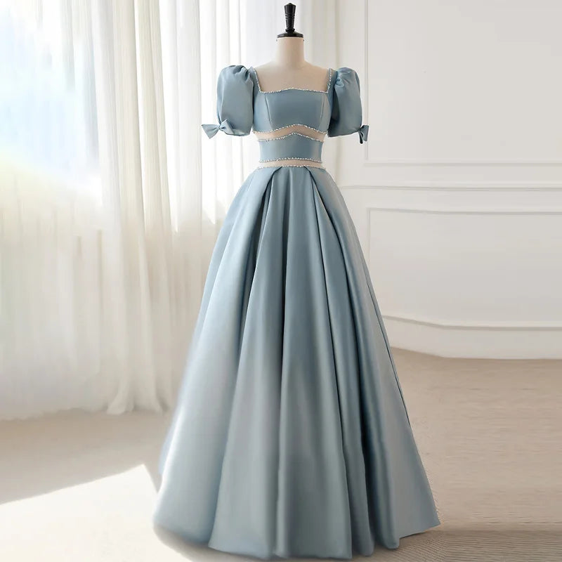 Puff Sleeve Blue Gown With Pearl Trim 2025 Prom Dresses Long For Women on  Luulla