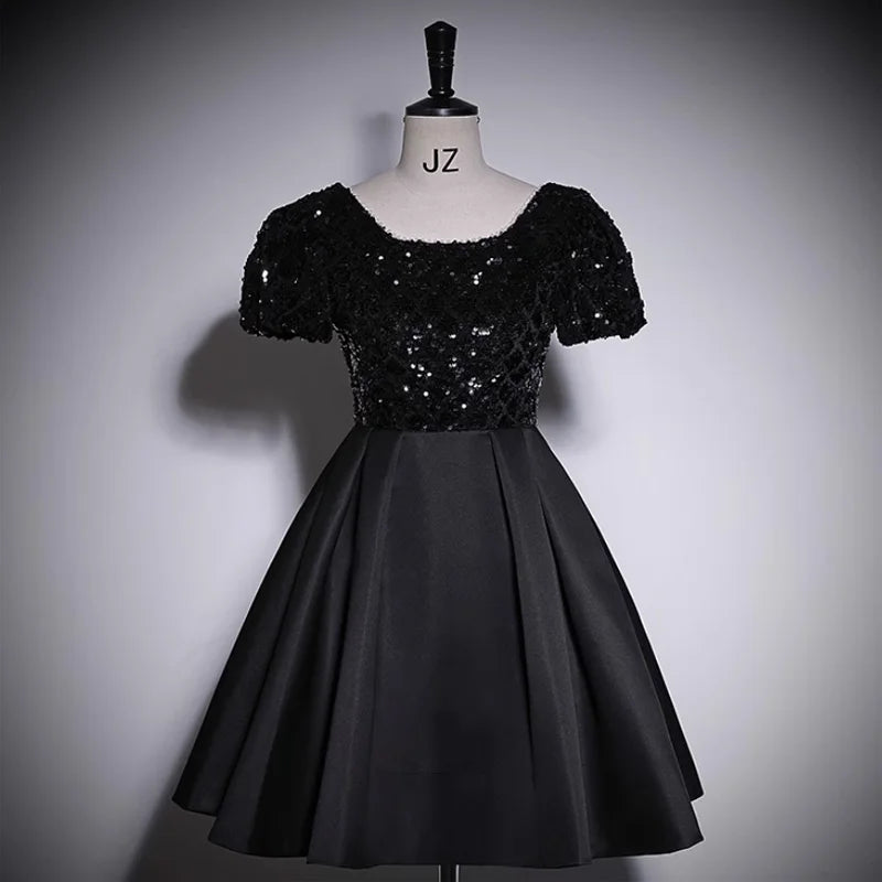 Black Sequin Bodice Short Sleeve Cocktail Dress 2025 Homecoming Dresses