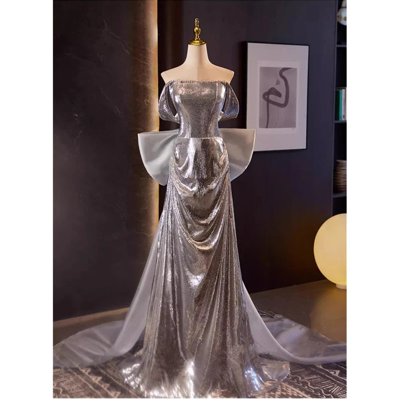 Sparkling Prom Dress Long For Women 2025 Sparkling Silver Gown With  Dramatic Sleeves Design on Luulla