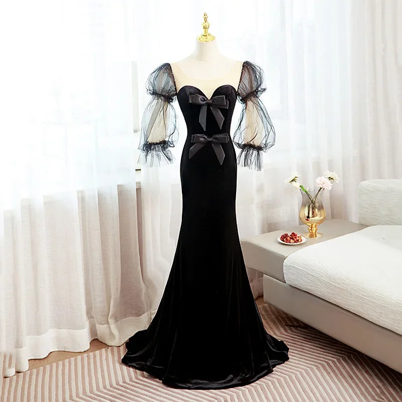 Prom Dress 2025 Long For Women Black Velvet Dress With Sheer Puff Sleeves  on Luulla