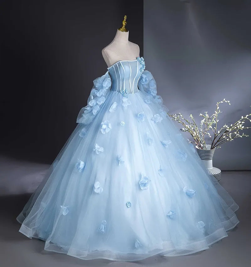 blue floral tulle dress Puff-Sleeve Long Blue Print Prom Dress A1285 main image 1