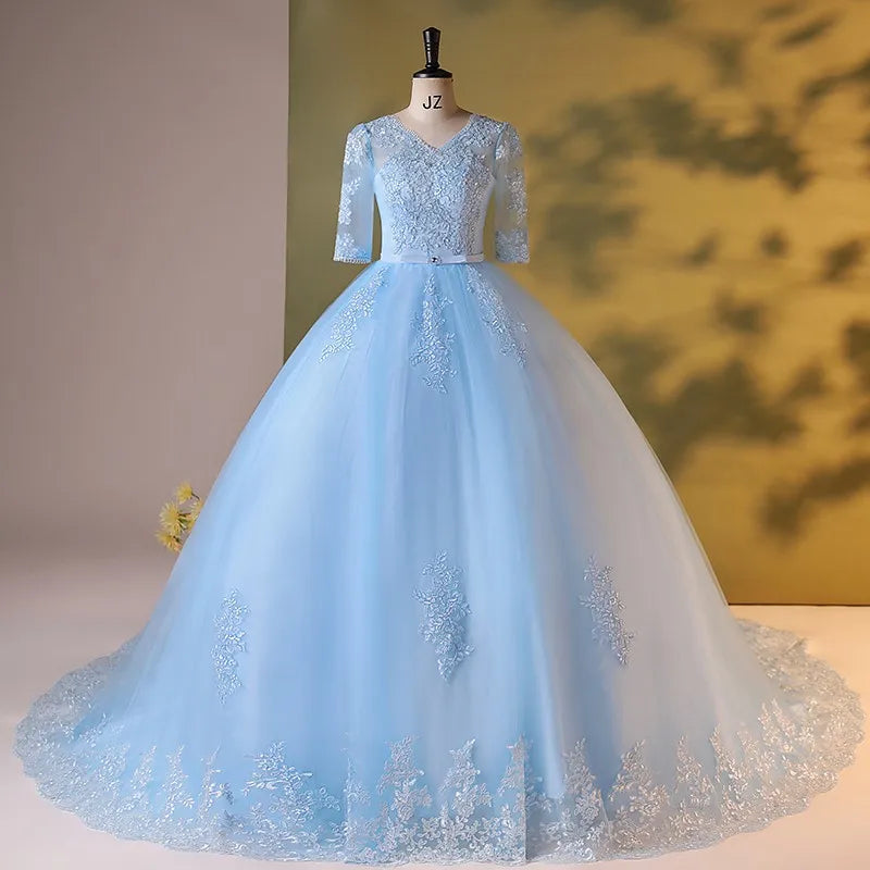 pale blue lace wedding dress Blue Floral Lace Wedding Dress with Straps and Open Back ET3071 main image 0