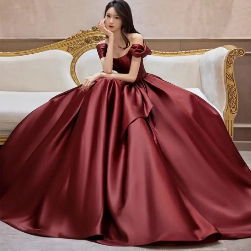 formal burgundy dress women Burgundy Satin A-Line Long Prom Dress for Women Formal Occasions main image 1