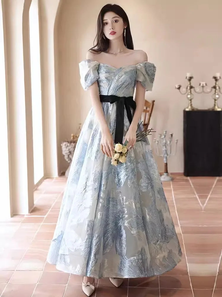 Prom Dress 2025 Long For Women Off-shoulder Floral Gown With Black Waist  Ribbon on Luulla