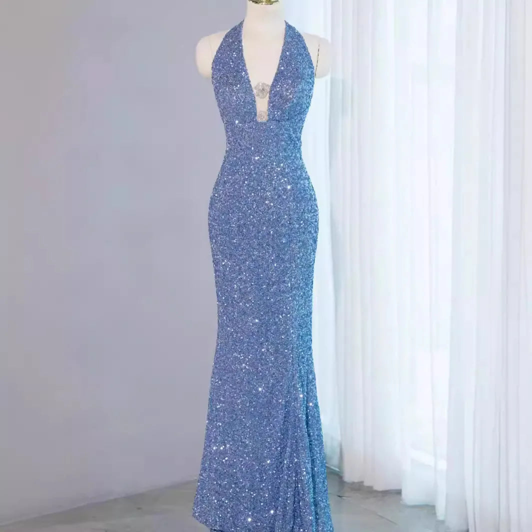 Mermaid Prom Dress 2025 Long For Women Sparkling Blue Halter Neck Evening  Gown on Luulla
