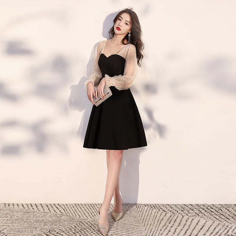black dress with sheer puff sleeves A-line Mesh Dress with Puff Sleeves & Sheer Beaded Bodice