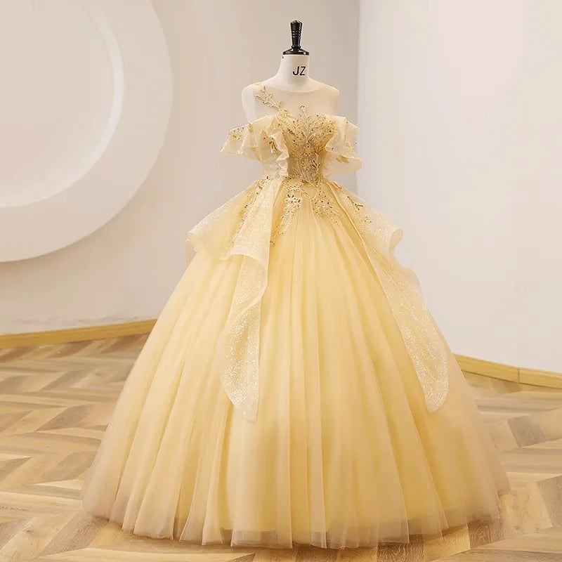 Yellow Off Shoulder Prom Dresses Long 2025 Luxurious Gold Tulle