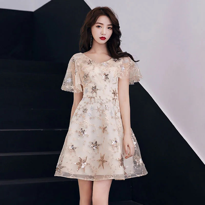 short dress with mesh overlay Starry Mesh Overlay Short Sleeve Party Dress