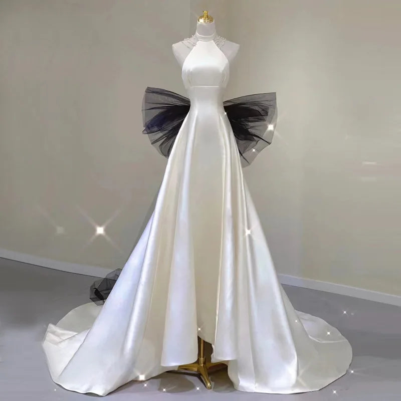 Halter Satin Gown With Black Tulle Bow 2025 Wedding Dress Long For Women on  Luulla
