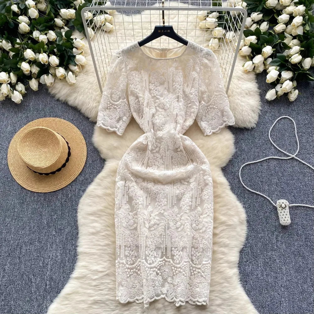White Lace Floral Embroidered Midi Dress on Luulla