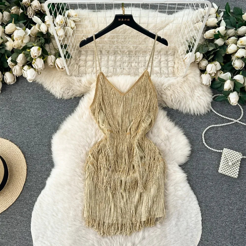 slim fit dress slacks Champagne Supernova Mesh Spandex Gold Fringed Dress – HARMONIA NY