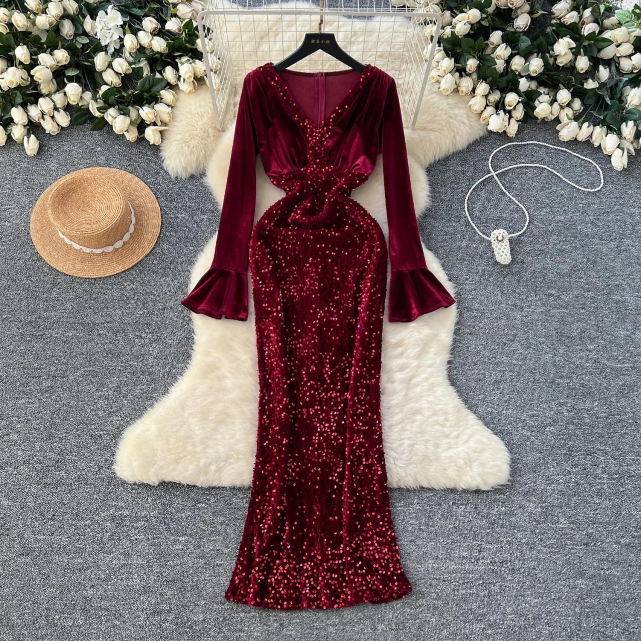 Velvet Long Sleeve Gown With Sequin Accents