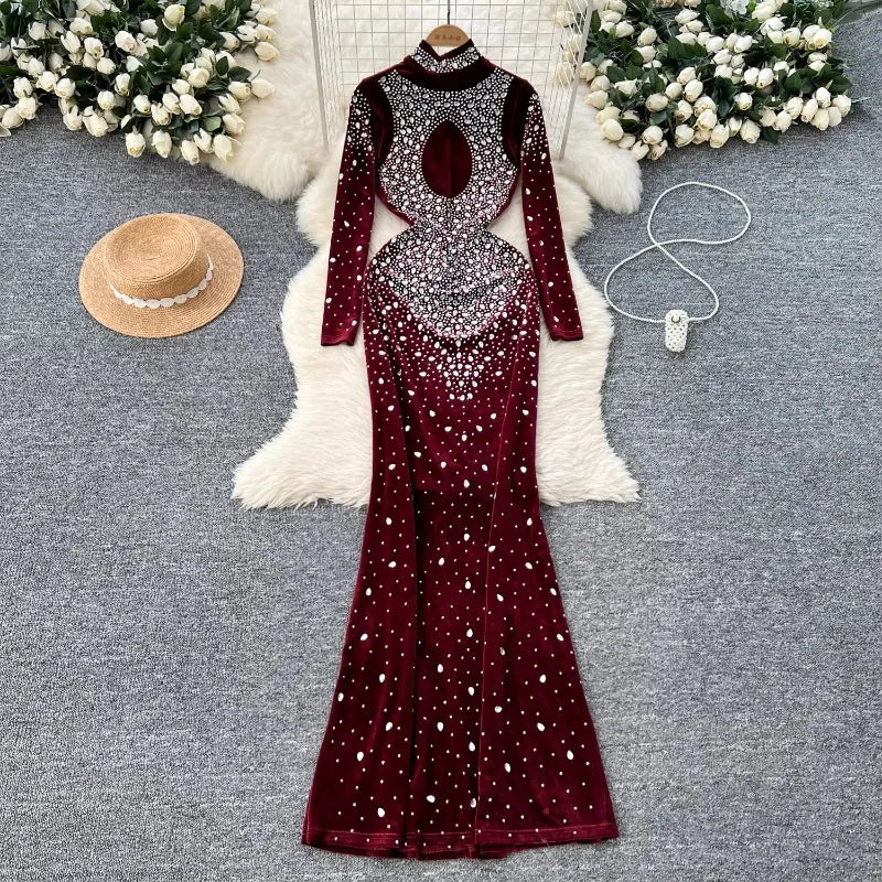 Sparkling Rhinestone Burgundy Long-sleeve Evening Gown on Luulla