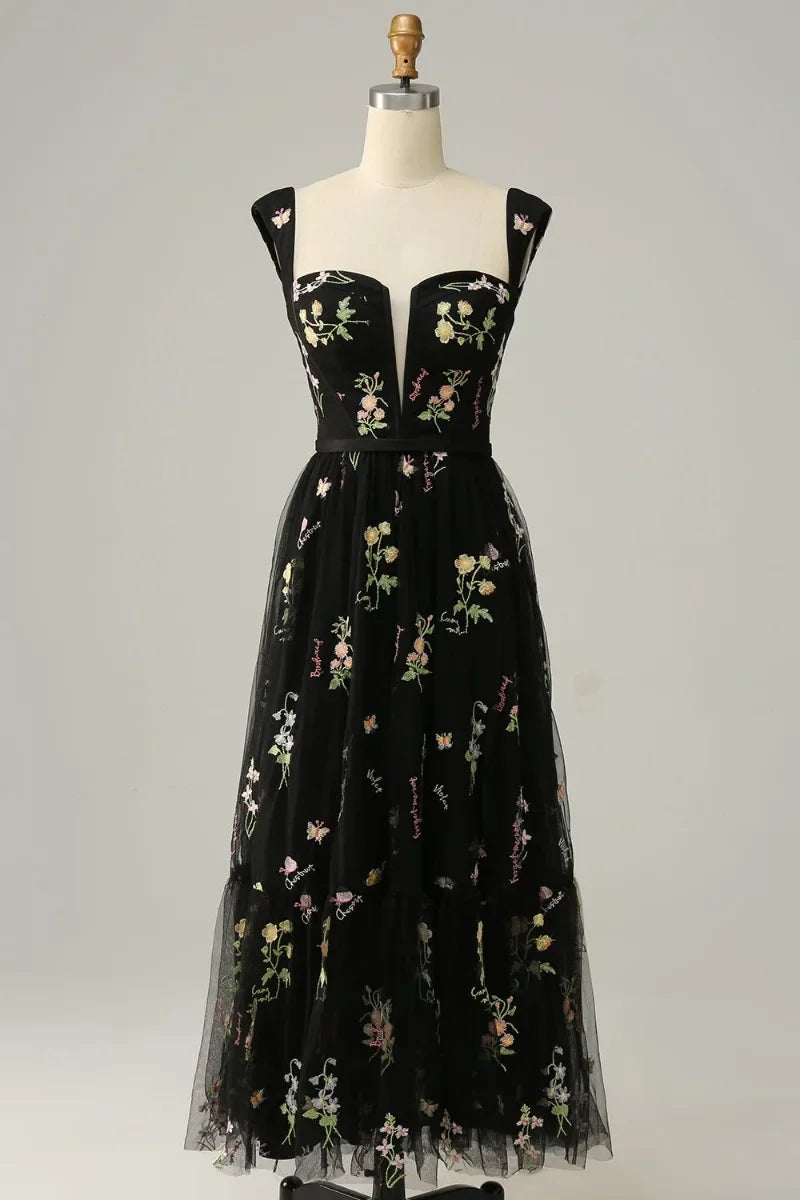 Black Floral Embroidered Tulle Maxi Dress 2025 Prom Dresses Long For Women  on Luulla