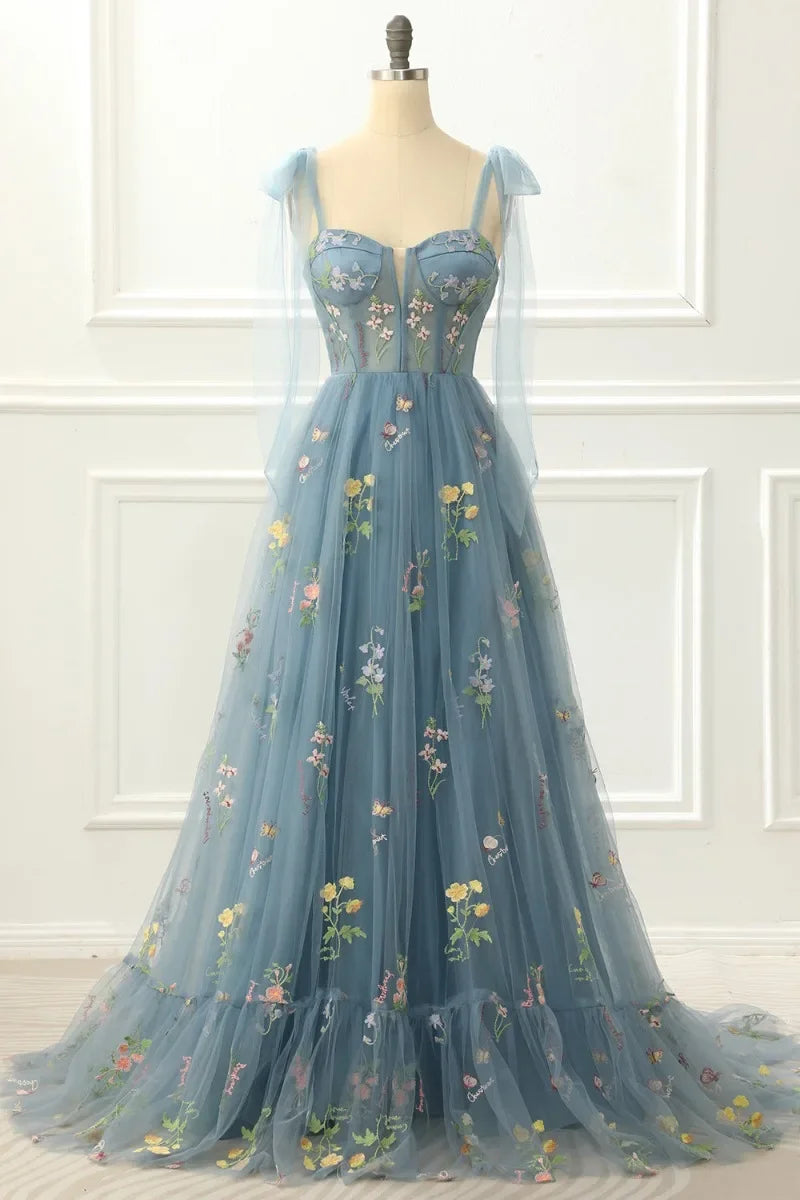 blue tulle dress womens Blue Beaded Lace Prom Dresses with Slit Spaghetti Strap Tulle Skirt 24120 Custom Colors / US12 main image 1