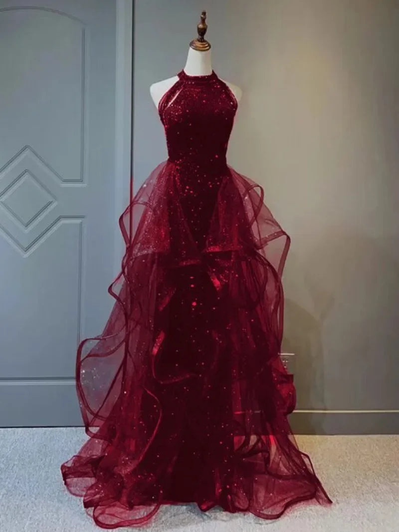 burgundy halter top prom dress Velvet Halter Neck Maxi Dress in Wine - 8 main image 1