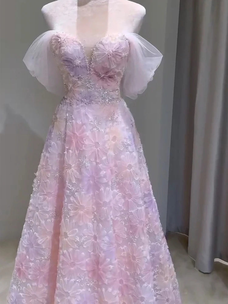 Pink Off-the-shoulder Prom Dresses Long 2025 Floral Mesh Puffy Sleeve Evening  Gown on Luulla