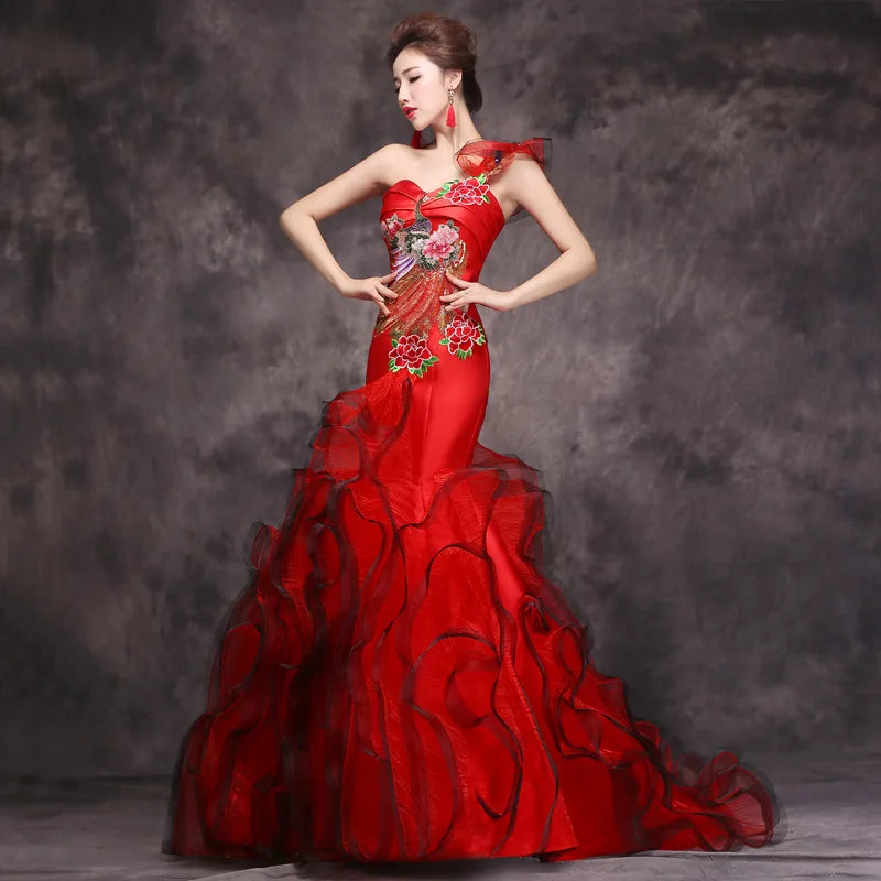 Red Strapless Floral Ruffled Evening Gown Dress Red One Shoulder Prom Dresses  Long 2025 on Luulla