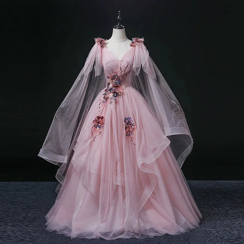 open lace back dress Beautiful Prom Dresses Pink A-line Hand-Made Flower Long Fairy Prom Dr –  Anna PromDress main image 0