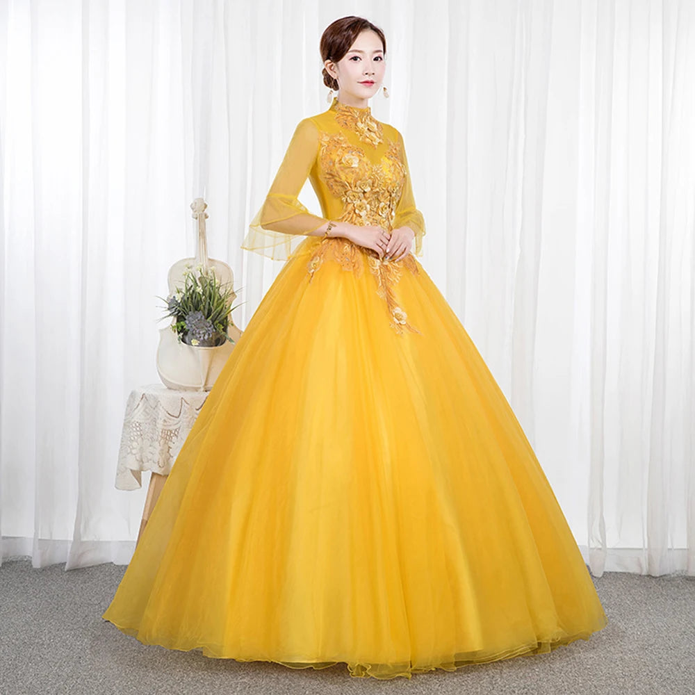 Yellow Embroidered Ball Gown With Sheer Sleeves 2025 Prom Dresses Long For  Women on Luulla