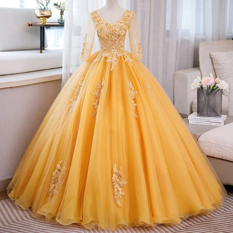gold embroidered prom dress A-Line Flower Embroidery Light Yellow Prom Dress Formal Gown – Pgmdress