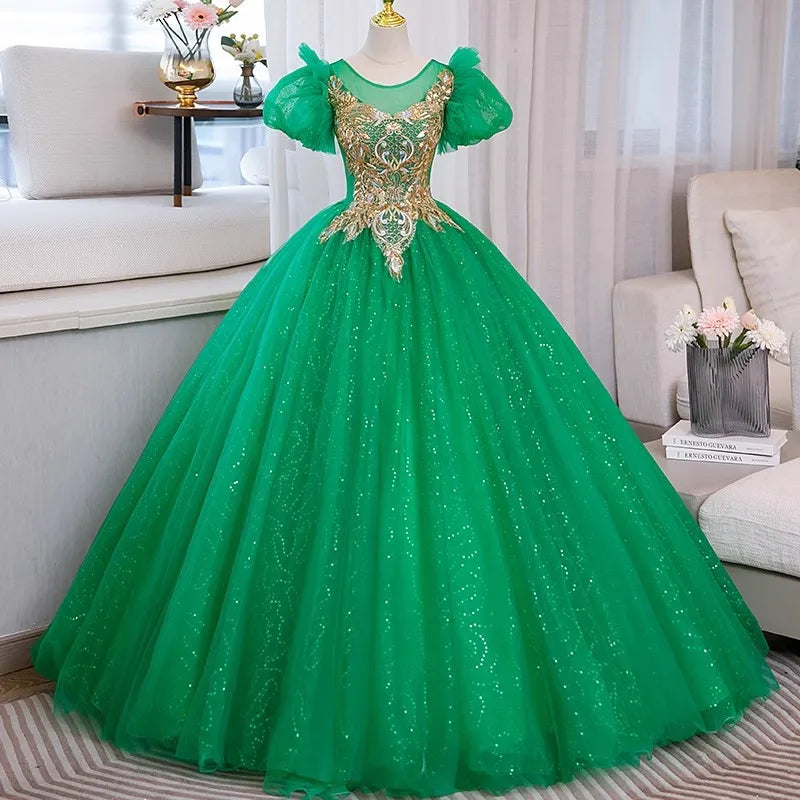 Princess Green Ball Gown With Golden Embellishments 2025 Long Prom Dresses For Women