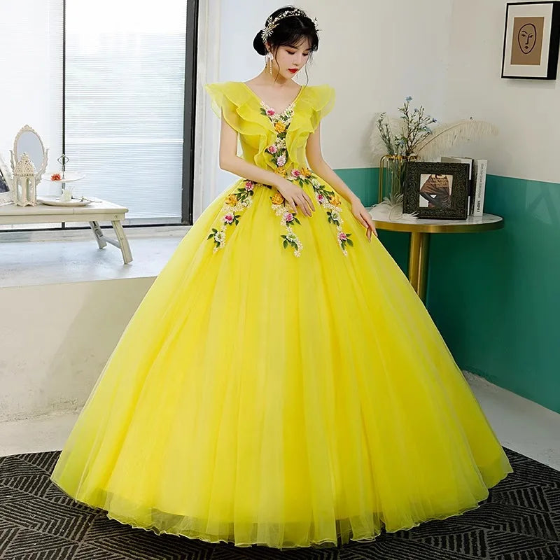 Vibrant Yellow Gown With Delicate Floral Embroidery 2025 Ball Gown