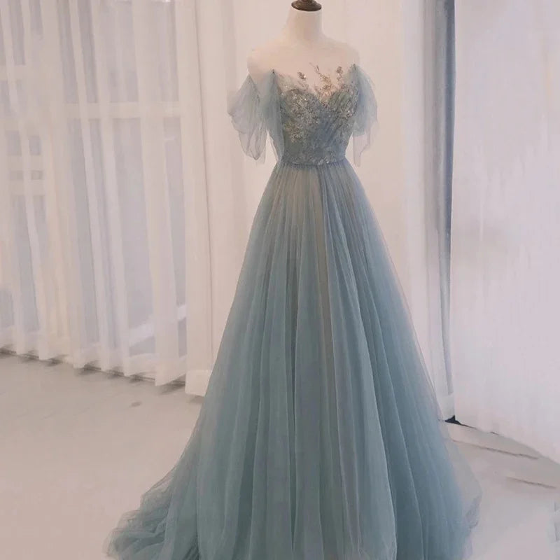 out of this world prom dresses Off-Shoulder Crystal prom dress with Pearls and Beading, Pleats, and Side Slit