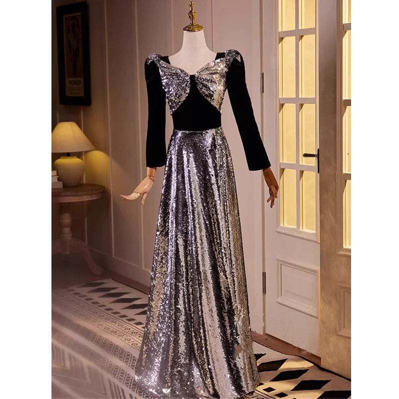 Long Sleeve Prom Dresses Long For Women 2025 Sequin Long Dress With Black  Velvet on Luulla