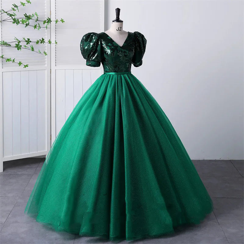 puff sleeve emerald green dress HAZELLE V NECK PUFF SLEEVE LACE MAXI DRESS main image 0