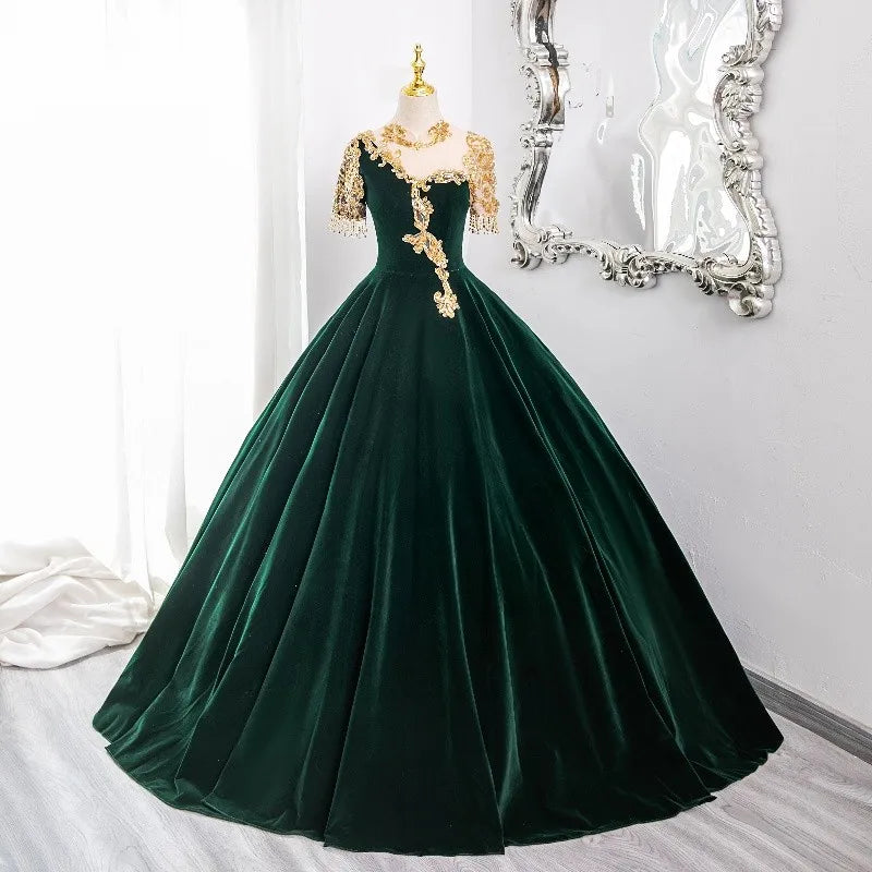 Luxurious Green Velvet Gown With Gold Embroidery